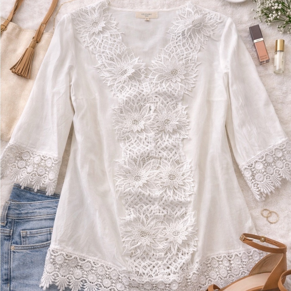 Solitaire Swim White Crochet Lace Boho Tunic Beach Cover Up Smal